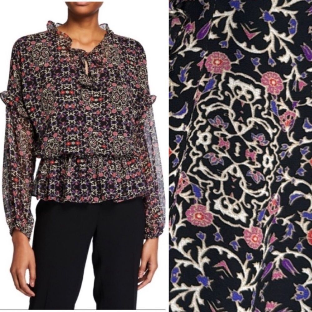 NWT Misa Los Angeles Vera Ruffles Black Floral Blouse Small